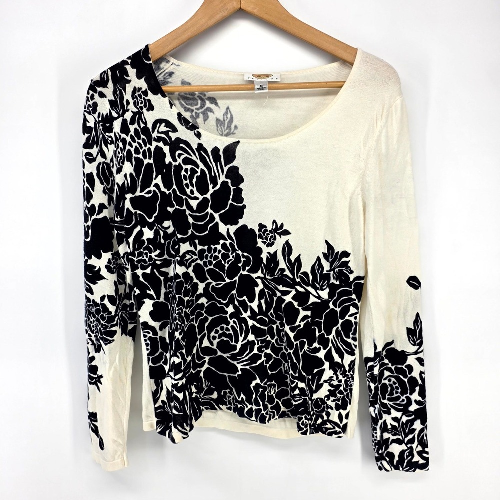 Talbots Sweater W Medium Petites Cream Black Floral Rose Knit Scoop Neck Top New